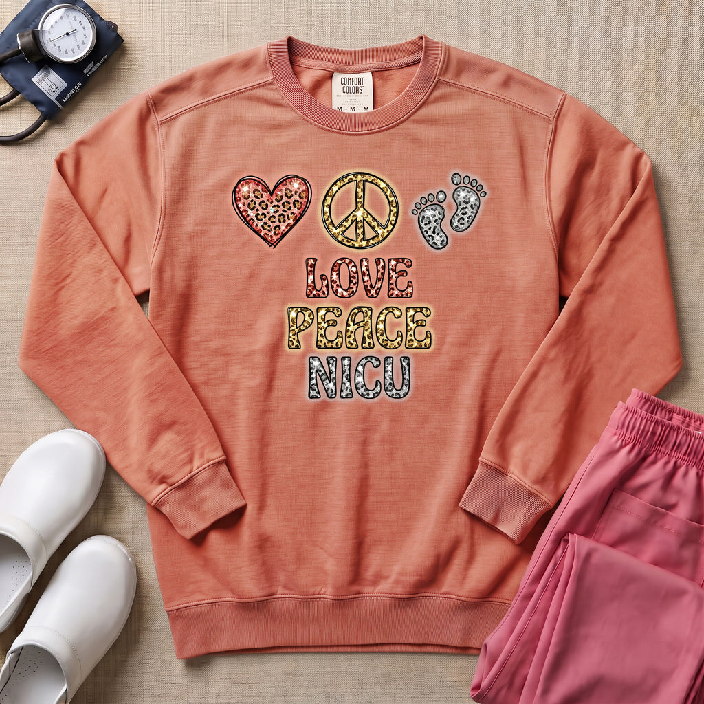 Leopard Print Love Peace NICU Sweatshirt - Terracotta Comfort Colors Sweatshirt | HugTee