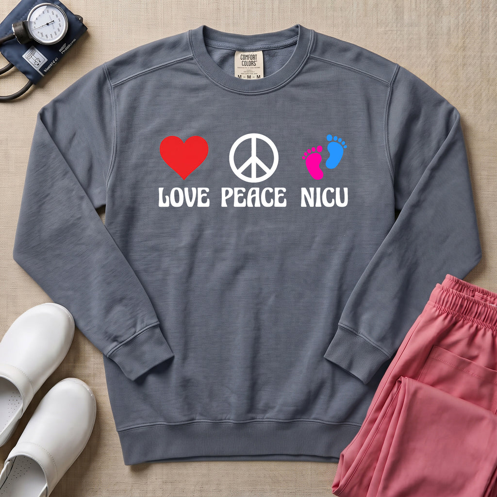 Love Peace NICU Retro Sweatshirt - Blue Jean Comfort Colors Sweatshirt | HugTee