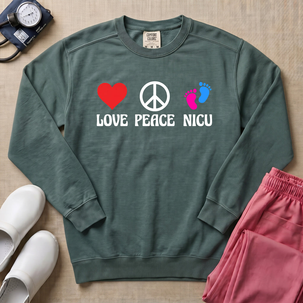 Love Peace NICU Retro Sweatshirt - Blue Spruce Comfort Colors Sweatshirt | HugTee