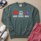 Love Peace NICU Retro Sweatshirt - Blue Spruce Comfort Colors Sweatshirt | HugTee