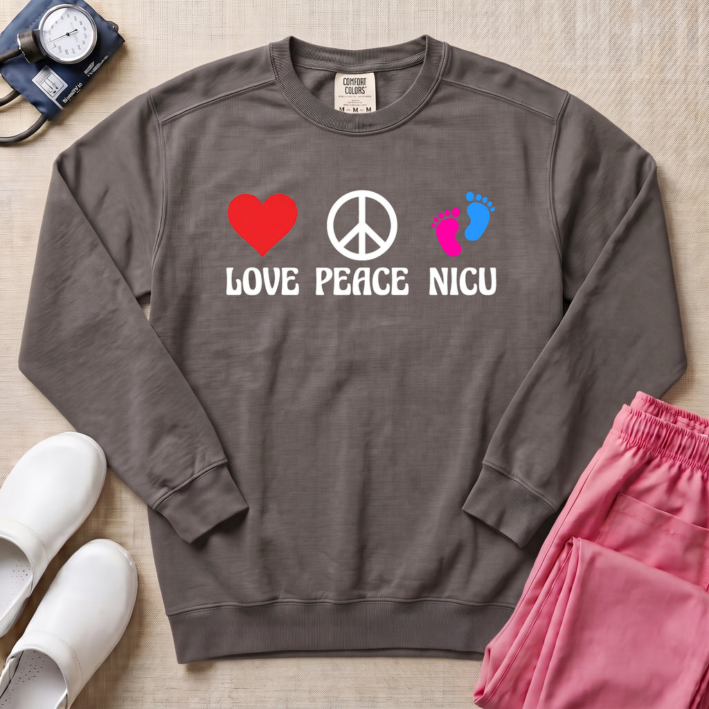 Love Peace NICU Retro Sweatshirt - Pepper Lifestyle Hero Mockup | HugTee