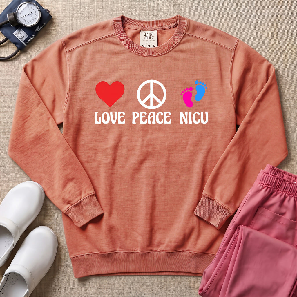 Love Peace NICU Retro Sweatshirt - Terracotta Comfort Colors Sweatshirt | HugTee