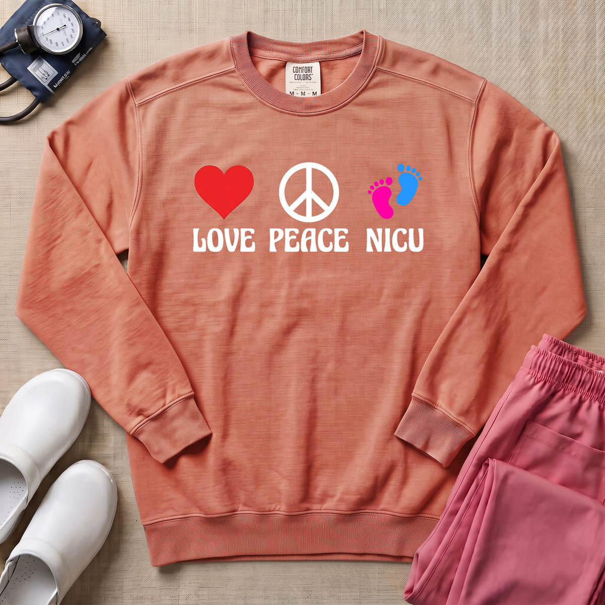 Love Peace NICU Retro Sweatshirt - Terracotta Comfort Colors Sweatshirt | HugTee