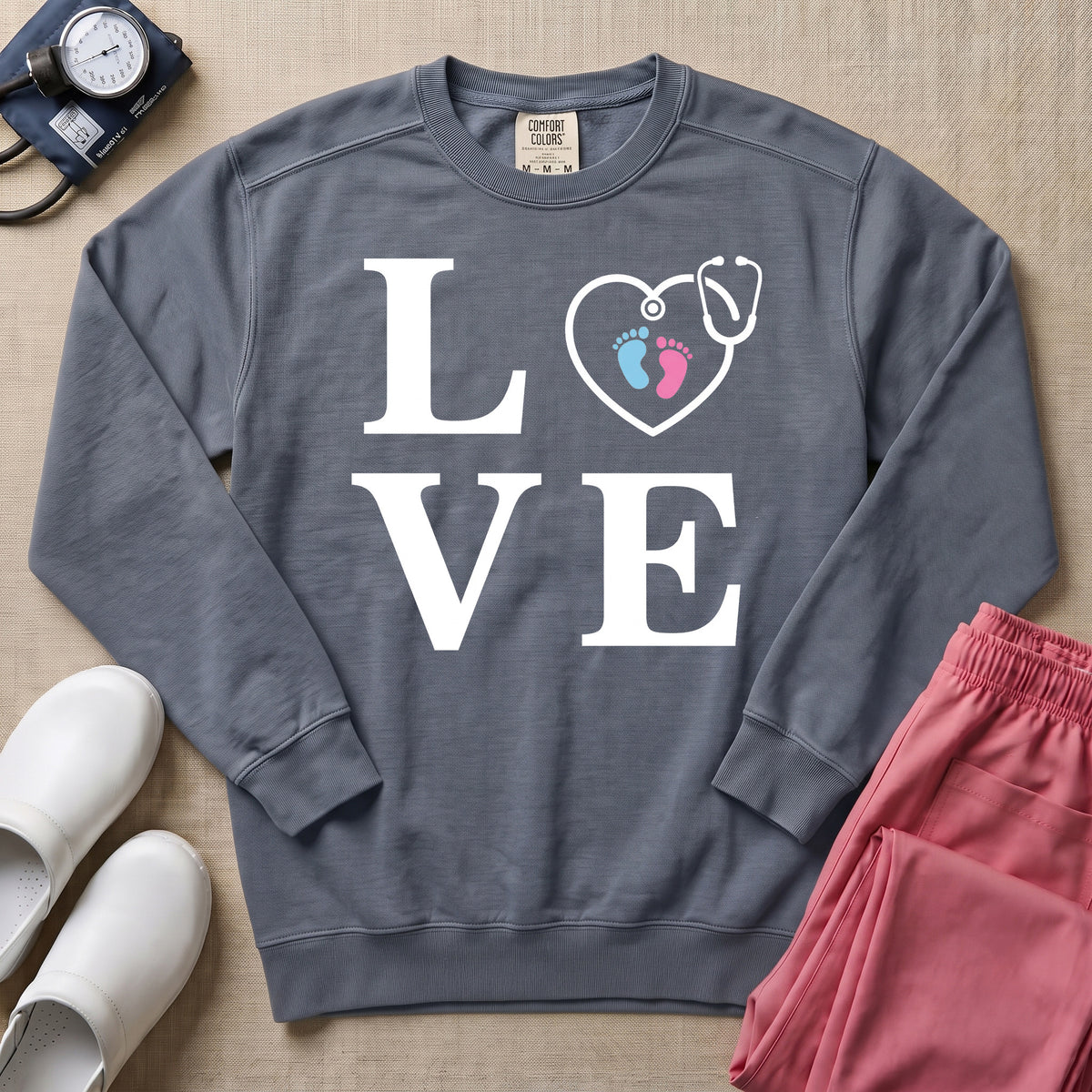 LOVE Stethoscope Baby Footprints L&D Nurse Sweatshirt - Blue Jean Comfort Colors Sweatshirt | HugTee