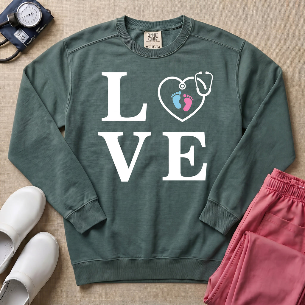 LOVE Stethoscope Baby Footprints L&D Nurse Sweatshirt - Blue Spruce Comfort Colors Sweatshirt | HugTee