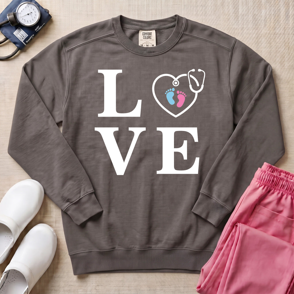 LOVE Stethoscope Baby Footprints L&D Nurse Sweatshirt - Pepper Lifestyle Hero Mockup | HugTee