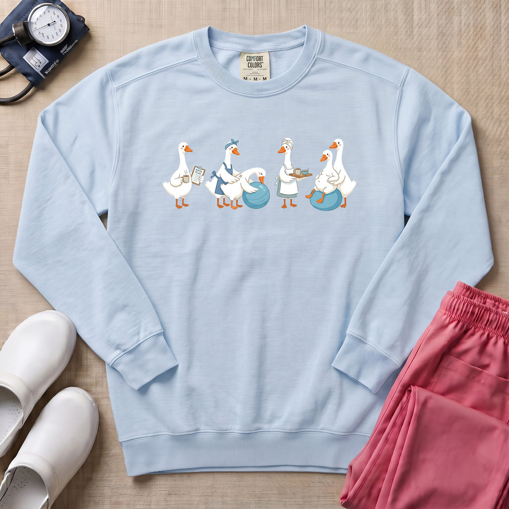 Funny Labor and Delivery Goose L&D Midwife Sweatshirt - Chambray Comfort Colors Sweatshirt | HugTee