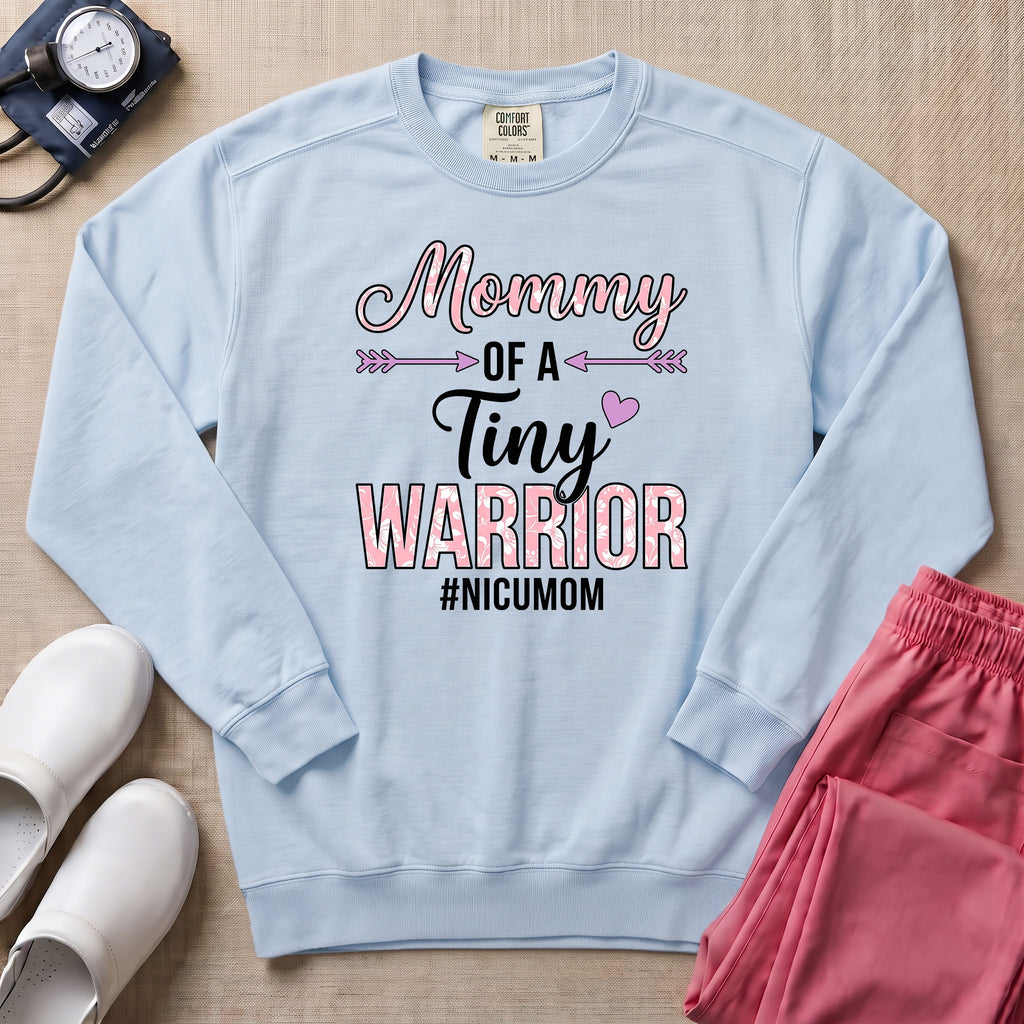 Mommy Of A Tiny Warrior NICU Mom Sweatshirt - Chambray Comfort Colors Sweatshirt | HugTee