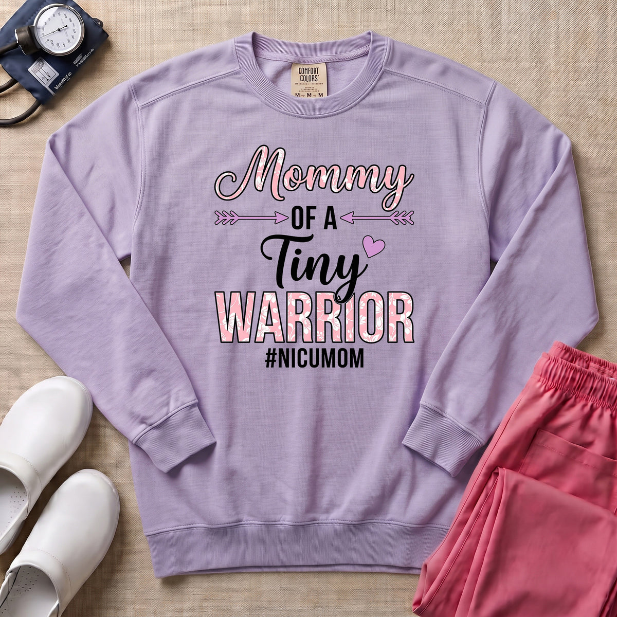 Mommy Of A Tiny Warrior NICU Mom Sweatshirt - Orchid Comfort Colors Sweatshirt | HugTee