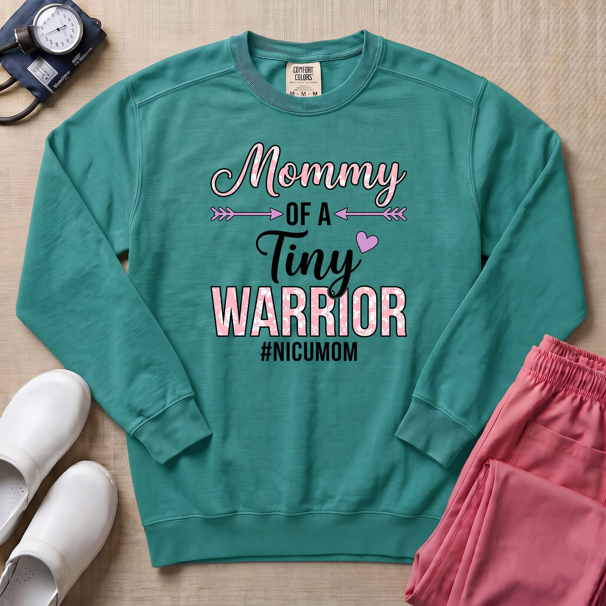 Mommy Of A Tiny Warrior NICU Mom Sweatshirt - Seafoam Comfort Colors Sweatshirt | HugTee