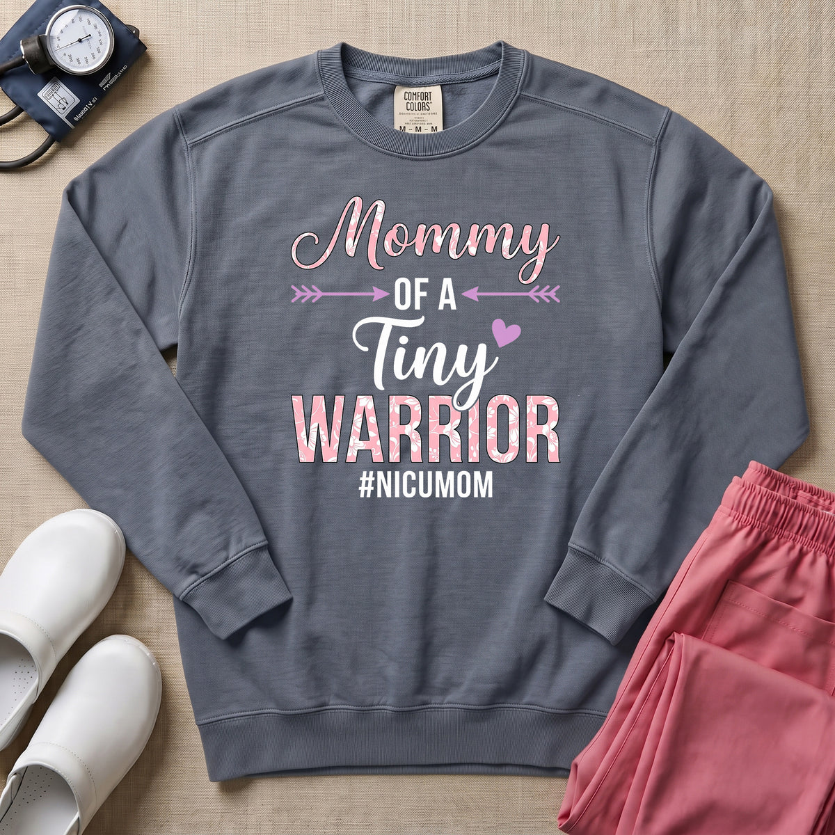 Mommy Of A Tiny Warrior NICU Mom Sweatshirt - Blue Jean Comfort Colors Sweatshirt | HugTee