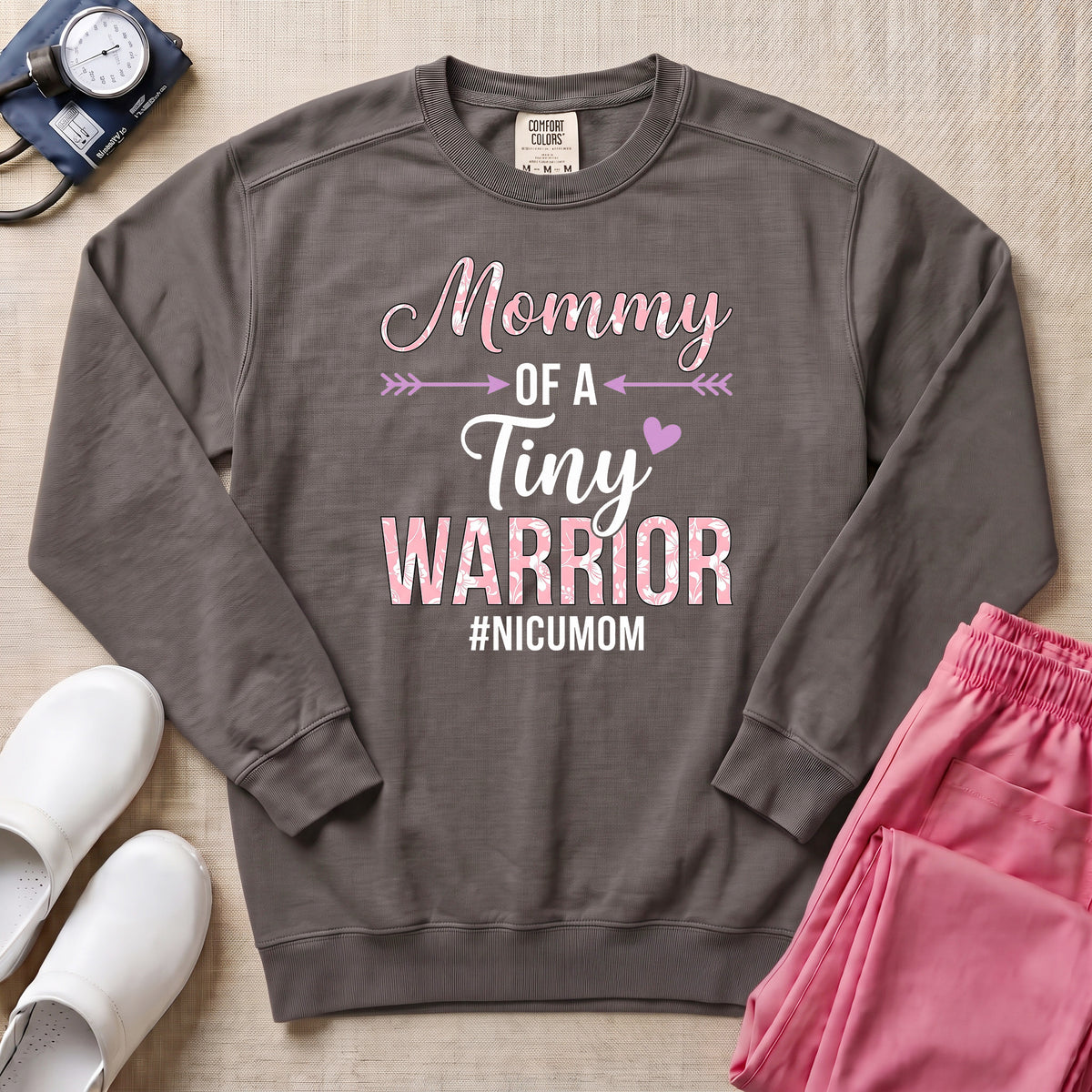 Mommy Of A Tiny Warrior NICU Mom Sweatshirt - Pepper Lifestyle Hero Mockup | HugTee