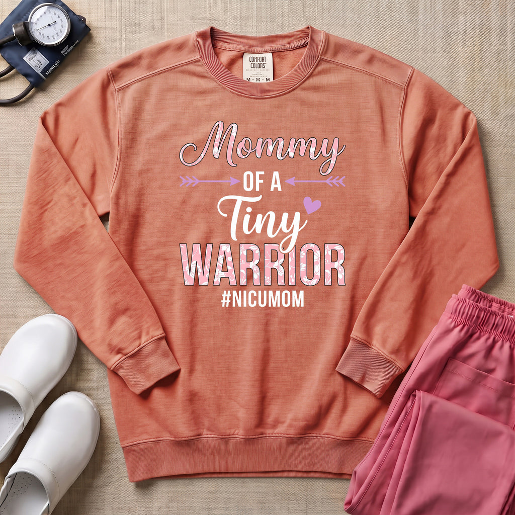 Mommy Of A Tiny Warrior NICU Mom Sweatshirt - Terracotta Comfort Colors Sweatshirt | HugTee