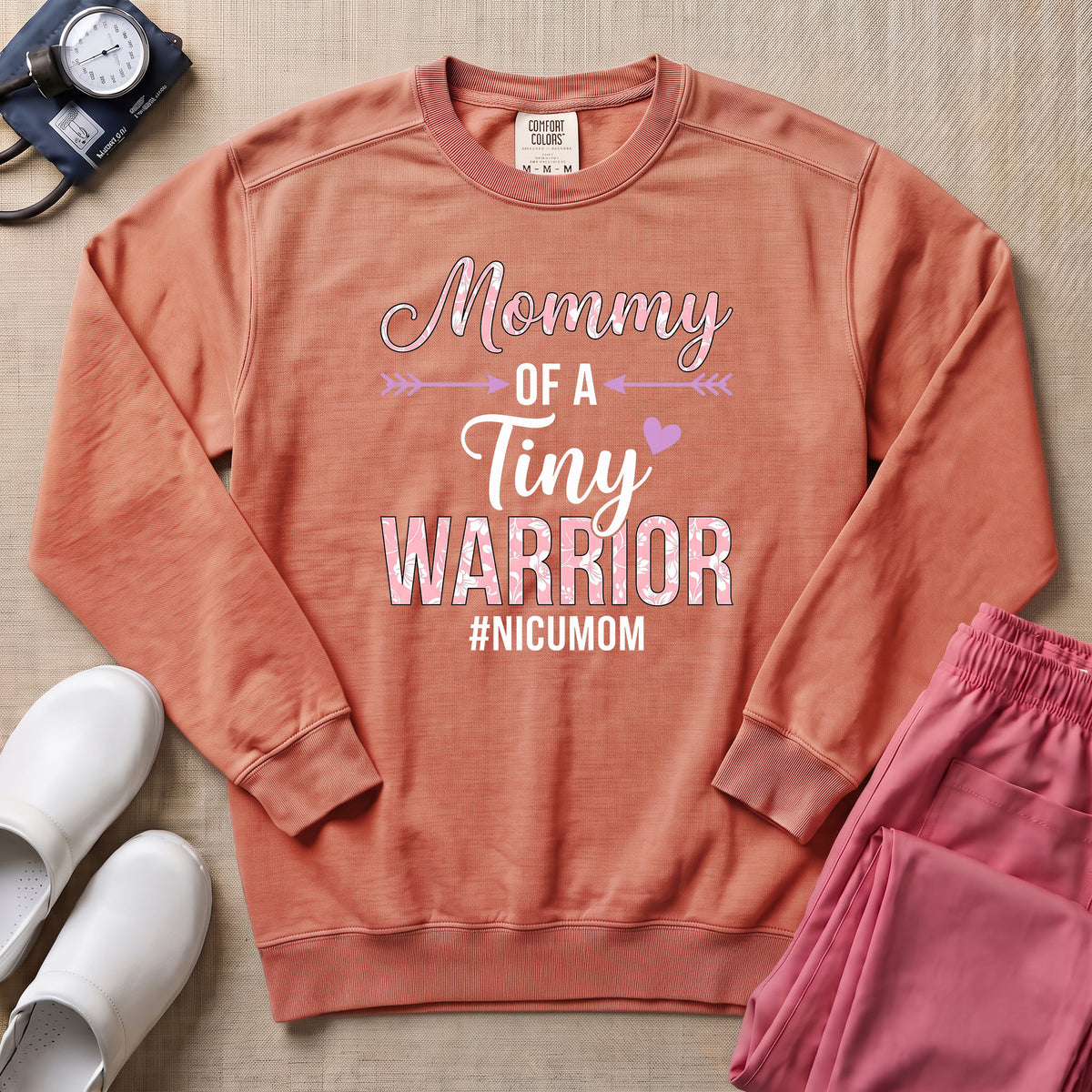 Mommy Of A Tiny Warrior NICU Mom Sweatshirt - Terracotta Comfort Colors Sweatshirt | HugTee