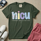 Neonatal Intensive Care Unit NICU nurse t-shirt with boho floral block letters in moss color.