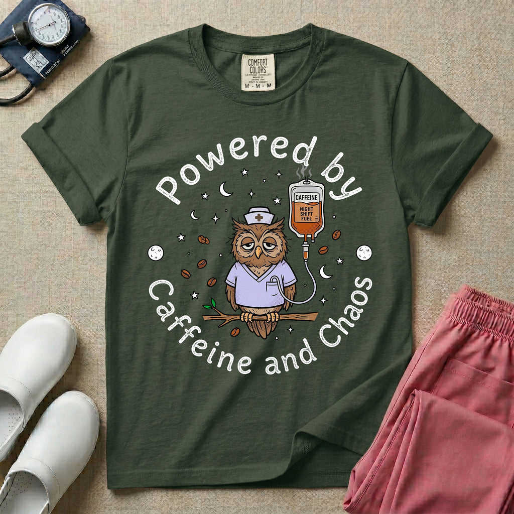 A humorous General Nursing graphic featuring an exhausted owl wearing scrubs and a nurse hat, hooked up to an IV bag labeled CAFFEINE NIGHT SHIFT FUEL, surrounded by coffee beans, stars, and moons, with circular text reading Powered by Caffeine and Chaos.