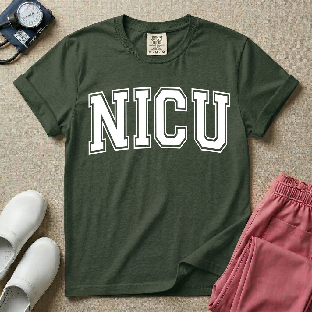A minimalist graphic for the Neonatal Intensive Care Unit featuring the word 'NICU' printed in large, white, collegiate-style block letters across the chest.