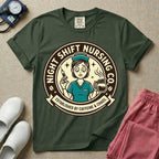 General nursing night shift nurse t-shirt with a retro vintage exhausted nurse holding coffee and a syringe established by caffeine and chaos graphic in moss color.