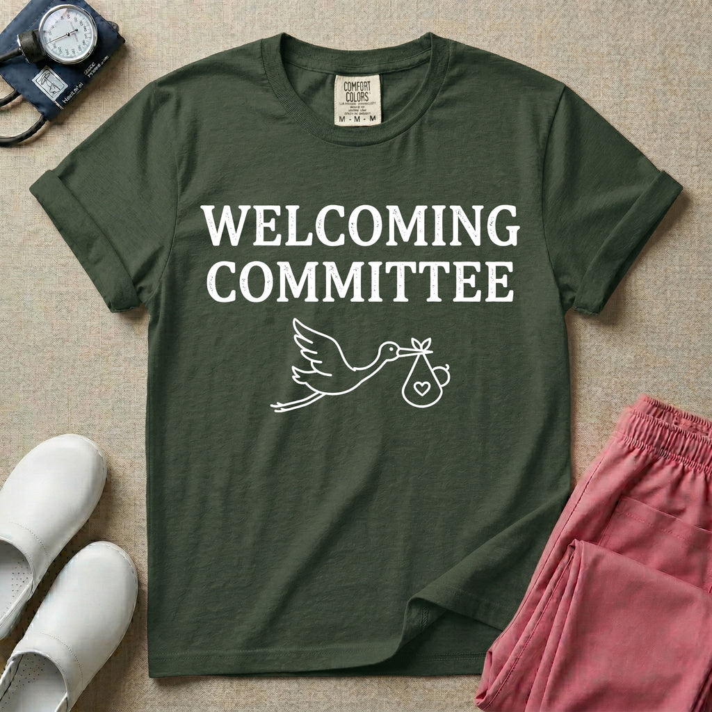 Labor and Delivery nurse graphic featuring a simple white outline of a flying stork carrying a baby bundle with a heart, placed below the text WELCOMING COMMITTEE.