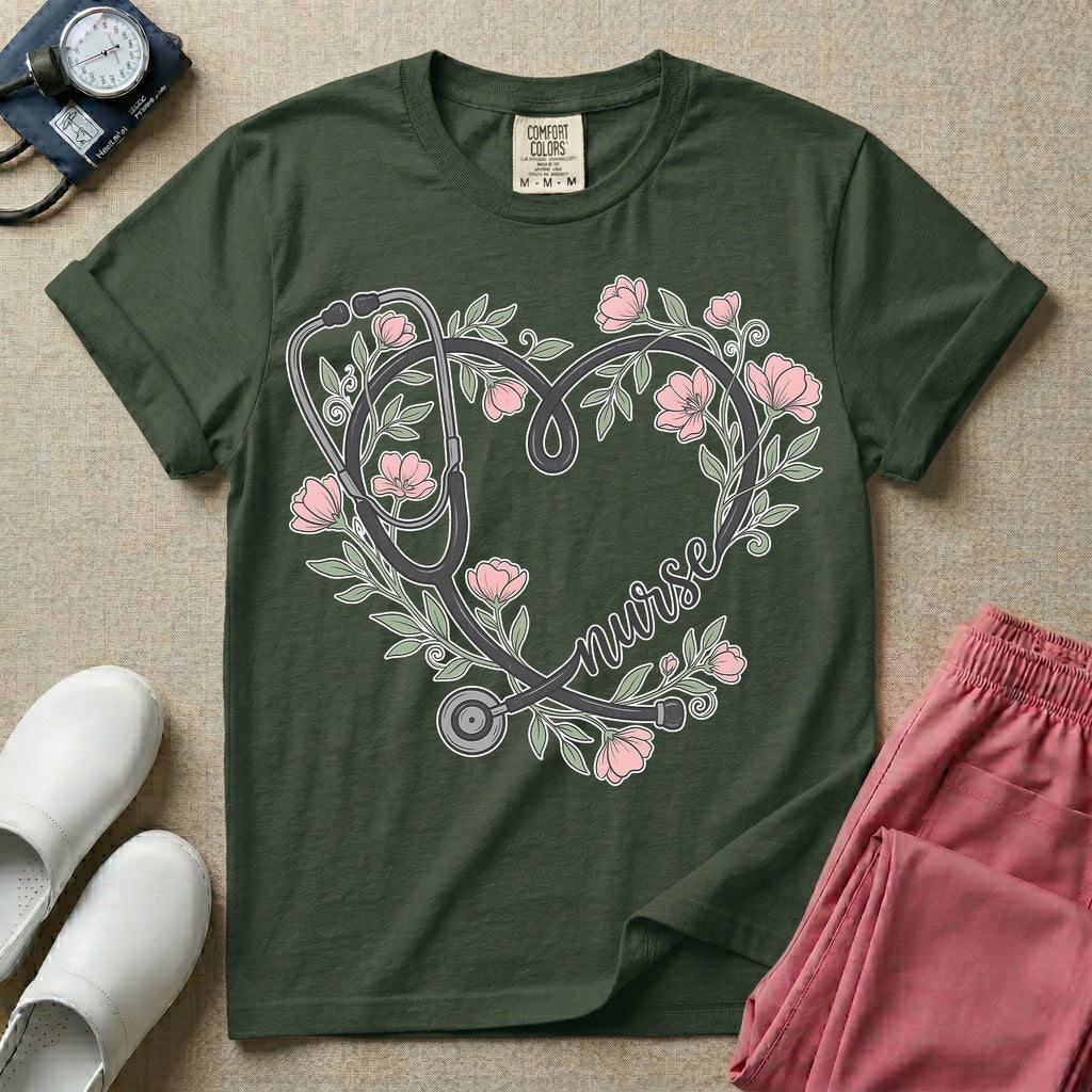 General nursing t-shirt featuring a heart-shaped stethoscope design intertwined with pink flowers and the cursive text "nurse".