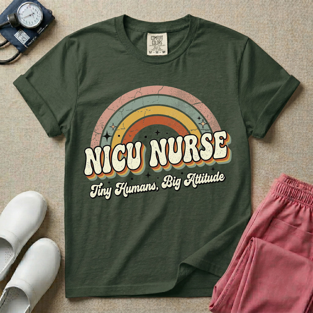 Neonatal Intensive Care Unit NICU nurse t-shirt with a retro vintage rainbow and tiny humans big attitude graphic in moss color.