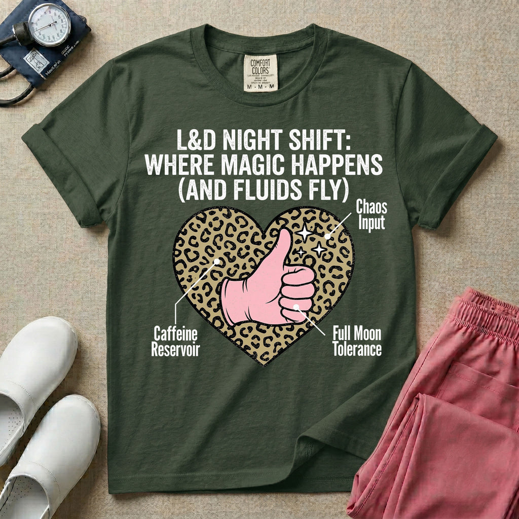 Labor and Delivery L&D nursing t-shirt featuring a leopard print heart diagram with a gloved thumbs-up and the text "L&D NIGHT SHIFT: WHERE MAGIC HAPPENS (AND FLUIDS FLY)"