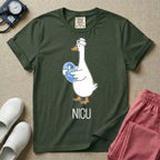 A t-shirt featuring an illustration of a white silly goose wearing a nurse's cap and holding a baby goose swaddled in a blue blanket, with the text NICU printed below.
