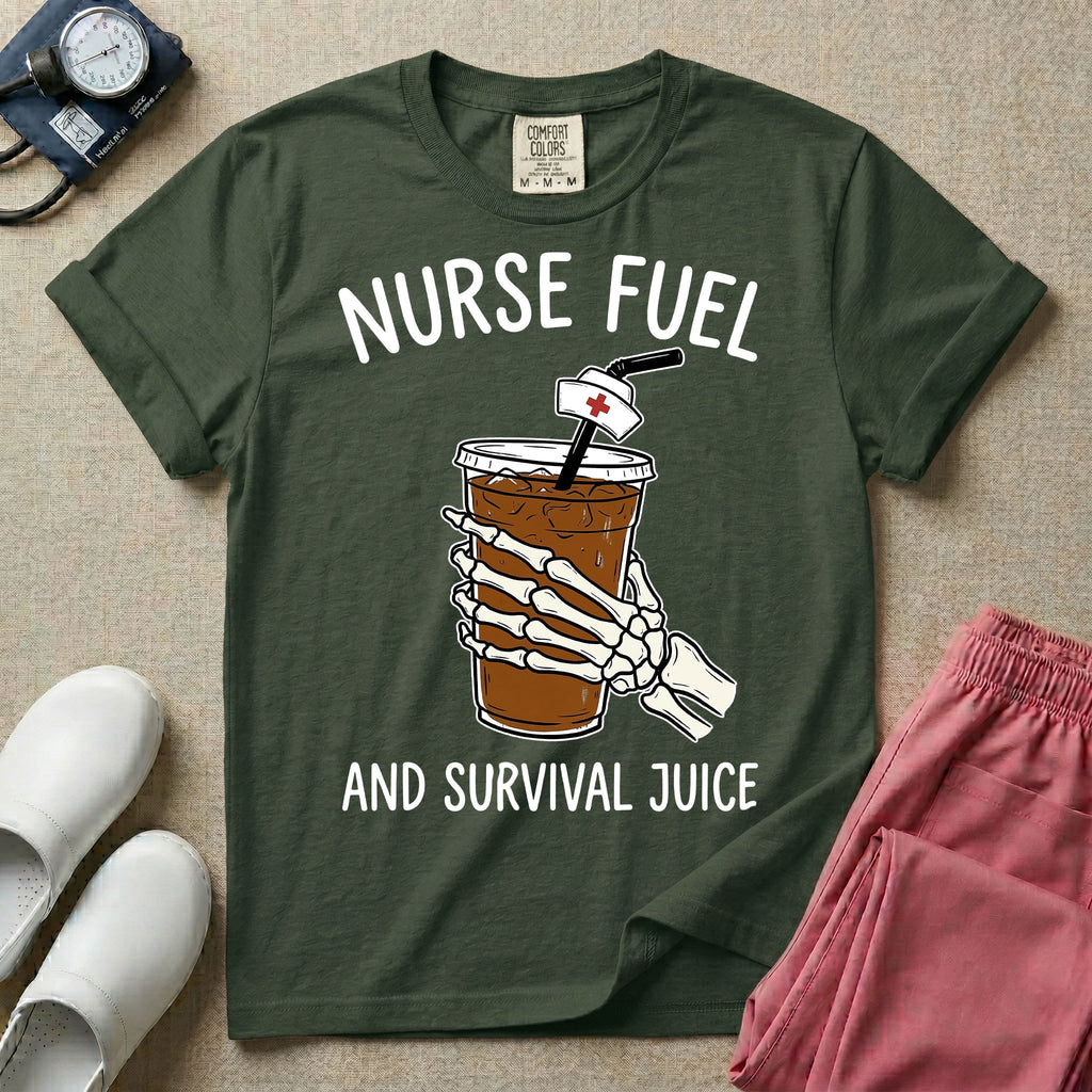 General nursing t-shirt featuring a graphic of a skeleton hand holding an iced coffee cup with a nurse cap on the straw and the text "NURSE FUEL AND SURVIVAL JUICE"