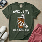 General nursing t-shirt featuring a graphic of a skeleton hand holding an iced coffee cup with a nurse cap on the straw and the text "NURSE FUEL AND SURVIVAL JUICE"