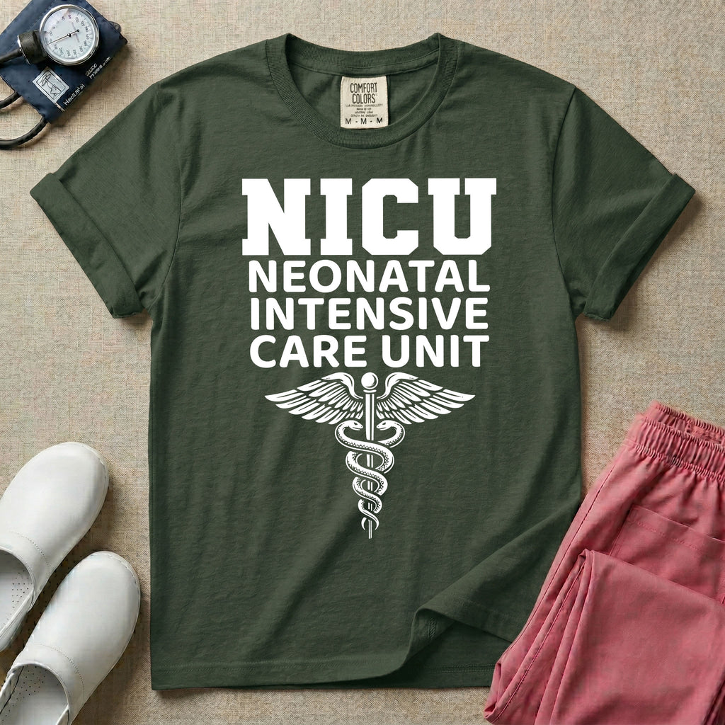 A t-shirt featuring the word NICU in large collegiate block letters above the spelled-out text Neonatal Intensive Care Unit and a medical caduceus symbol.