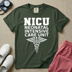 A t-shirt featuring the word NICU in large collegiate block letters above the spelled-out text Neonatal Intensive Care Unit and a medical caduceus symbol.