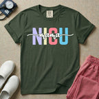 A graphic for the Neonatal Intensive Care Unit featuring the word 'NICU' in large, colorful pastel block letters with the word 'mama' written in a flowing white cursive font across the center.