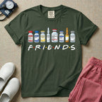 A humorous retro-style t-shirt for nurses featuring a row of seven different medical vials and medicine ampules lined up above the word "FRIENDS", which is styled with colored dots between the letters to resemble the classic television show logo.