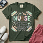 A humorous graphic for labor and delivery, postpartum, and neonatal nurses featuring the word 'NURSE' in large, mismatched patterned letters including leopard print and florals, stacked above the phrase 'Professional Tiny Human Relocation Specialist', and surrounded by cute doodles of decorated bandaids, baby footprints, a rattle, and a coffee mug.