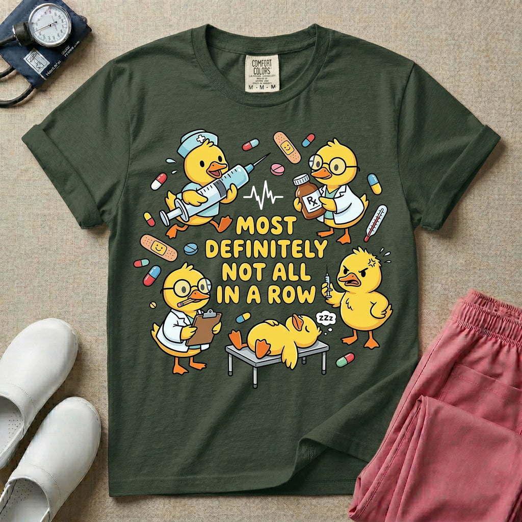 General nursing t-shirt featuring a chaotic group of cartoon ducklings dressed as medical professionals with the text "MOST DEFINITELY NOT ALL IN A ROW" on a sage green garment, in moss color.