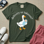 A funny L&D nursing t-shirt featuring a graphic of a white silly goose carrying a baby in a blue swaddle in its beak, surrounded by the humorous arched text "delivery or takeout?".