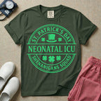 A circular green graphic featuring a leprechaun hat, shamrocks, and the text ST. PATRICK'S DAY SHENANIGANS SQUAD surrounding a center banner that reads NEONATAL ICU.