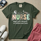 A humorous General Nursing graphic featuring the word NURSE in large, playfully patterned letters including plaid, leopard print, and floral designs, accented by a sleeping crescent moon and a syringe, positioned above text that reads Night Shift: Vibrating on Caffeine and Chaos.