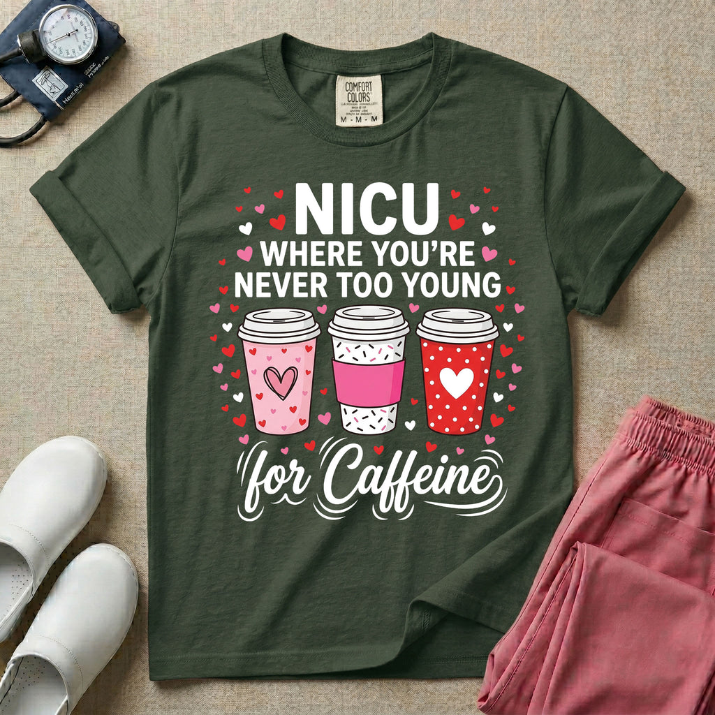 A Valentine's Day themed graphic for a Neonatal Intensive Care Unit featuring the text 'NICU WHERE YOU'RE NEVER TOO YOUNG' stacked above three to-go coffee cups decorated with heart patterns, with 'for Caffeine' written in script at the bottom, all surrounded by small red and pink hearts.