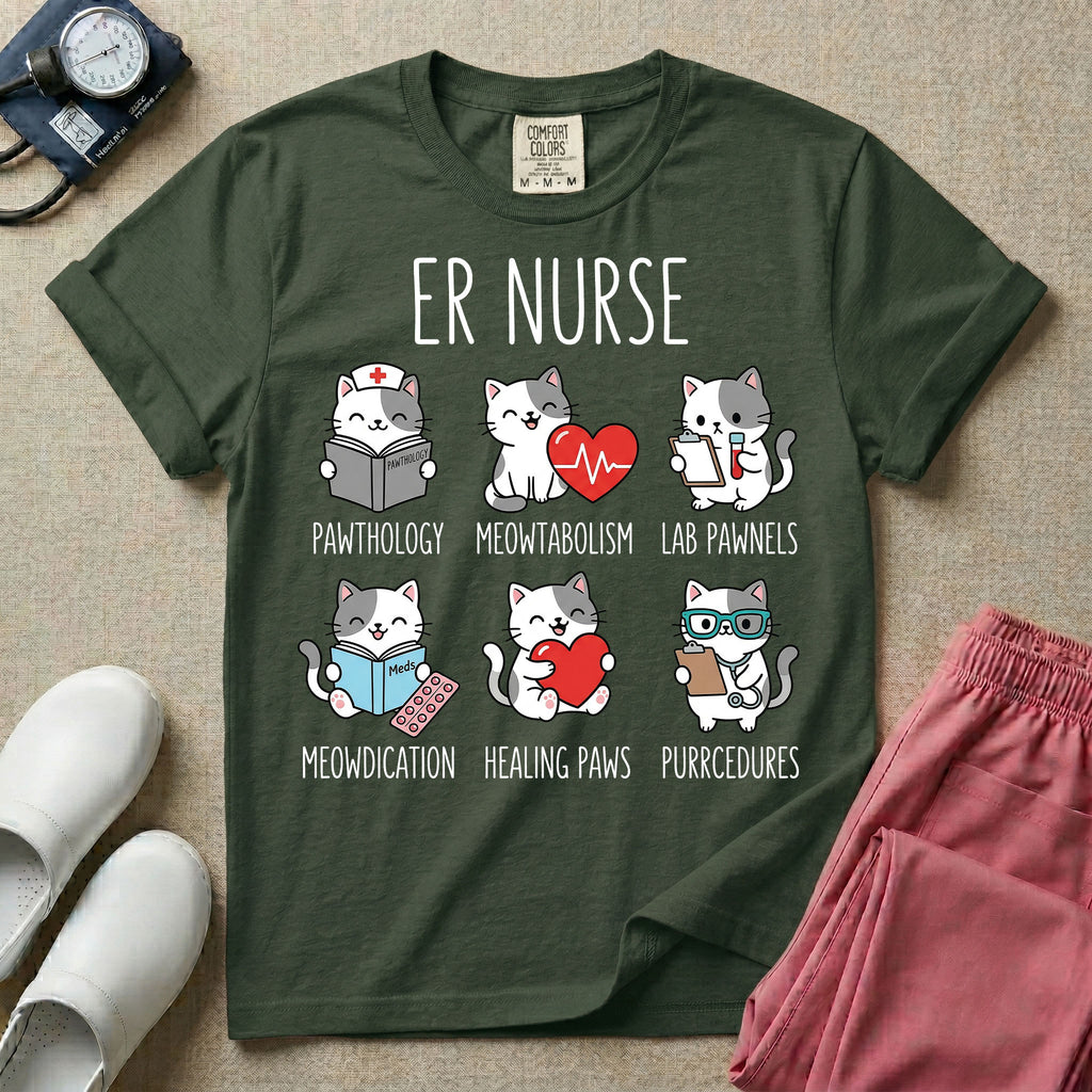 A funny t-shirt for emergency room nurses featuring the text "ER NURSE" above a grid of six cute cartoon cats demonstrating medical puns, including a cat reading for "PAWTHOLOGY", a cat with an ECG heart for "MEOWTABOLISM", a cat holding a test tube for "LAB PAWNELS", a cat with pills for "MEOWDICATION", a cat holding a heart for "HEALING PAWS", and a cat with a stethoscope for "PURRCEDURES".