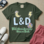 Labor and Delivery L&D nurse t-shirt with a retro full moon energies mom or bust graphic in moss color.