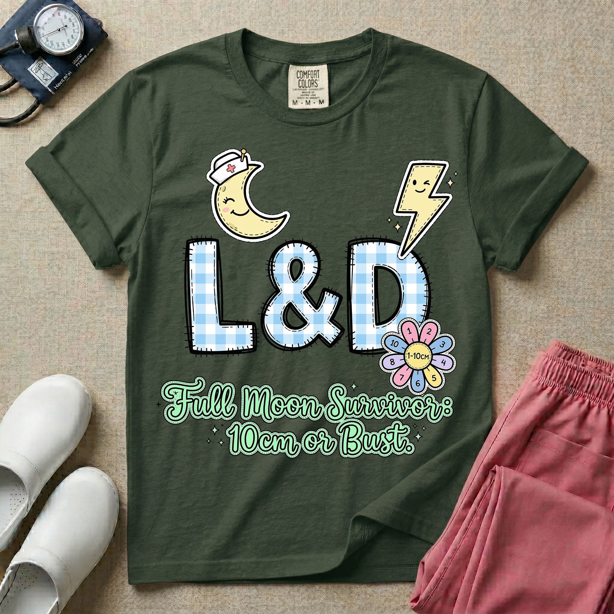 Labor and Delivery L&D nurse t-shirt with a retro full moon energies mom or bust graphic in moss color.