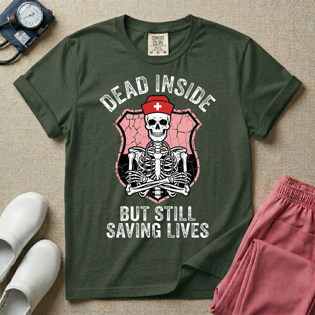 General nursing nurse t-shirt with a funny skeleton dead inside but still saving lives graphic in moss color.