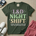Labor and Delivery L&D night shift nurse t-shirt with pastel typography where the spirits are low and the crowning is high graphic in moss color.