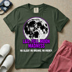 A humorous Labor and Delivery nurse graphic featuring a screaming face morphing out of a full moon, accompanied by purple dripping text that reads L&D: FULL MOON MADNESS and distressed black text below reading NO SLEEP. NO BREAKS. NO MERCY.