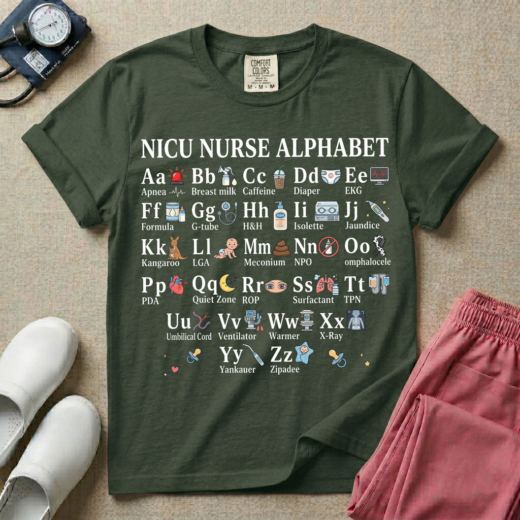 A graphic for a Neonatal Intensive Care Unit featuring the text 'NICU NURSE ALPHABET' above a comprehensive grid displaying the letters A through Z, each paired with a tiny medical illustration and term related to NICU nursing.