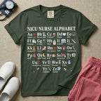 A graphic for a Neonatal Intensive Care Unit featuring the text 'NICU NURSE ALPHABET' above a comprehensive grid displaying the letters A through Z, each paired with a tiny medical illustration and term related to NICU nursing.
