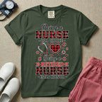 A t-shirt featuring the text Being a NURSE IS A CHOICE Being a RETIRED NURSE IS AN HONOR surrounding a central graphic of a red and black buffalo plaid heart intertwined with a stethoscope.