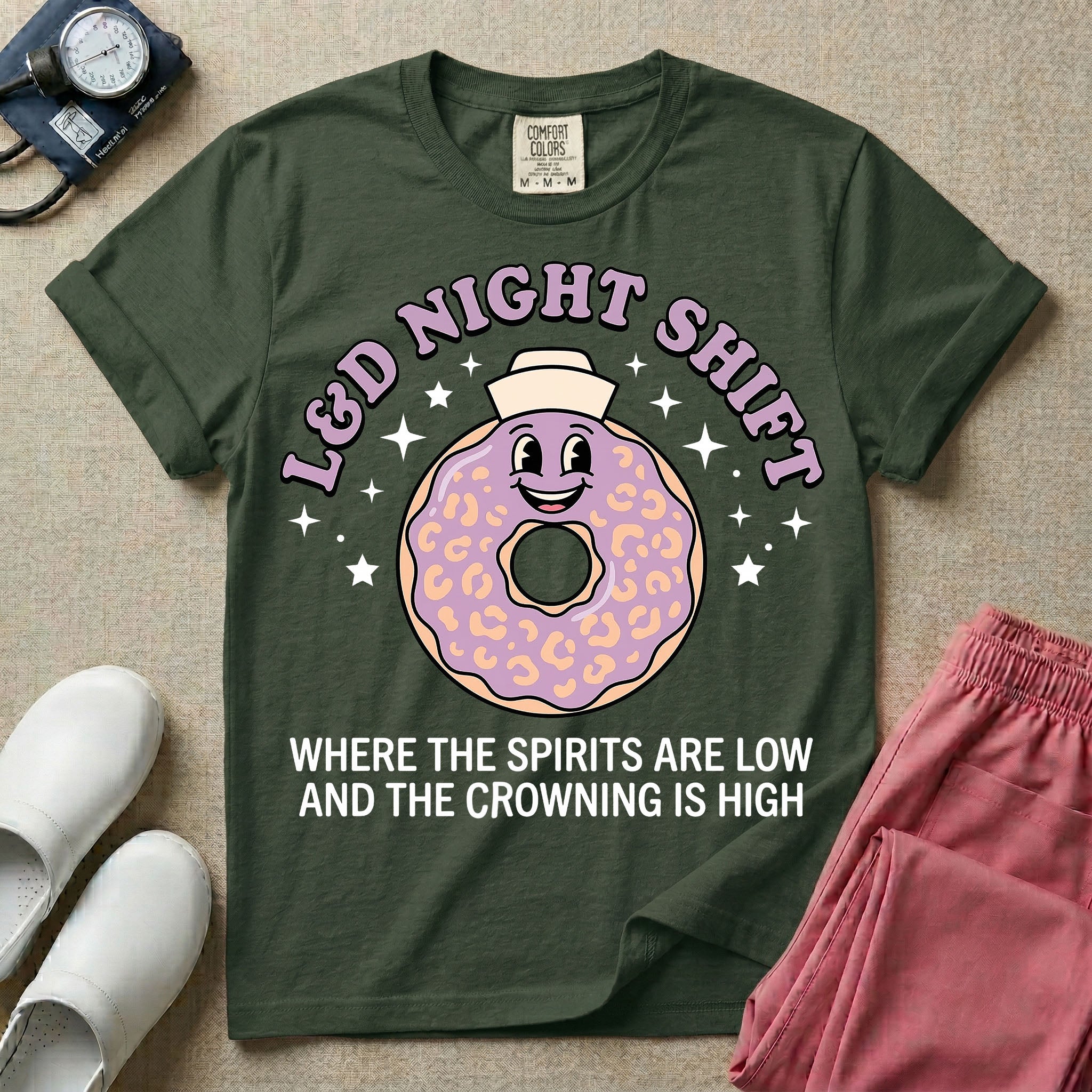 Labor and Delivery L&D night shift nurse t-shirt with a funny retro donut graphic where the spirits are low and the crowning is high in moss color.