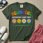A retro-style graphic for a Neonatal Intensive Care Unit featuring the text 'NEONATAL' in colorful, arched bubbly letters above 'INTENSIVE CARE UNIT' and a row of four smiling daisy flowers.